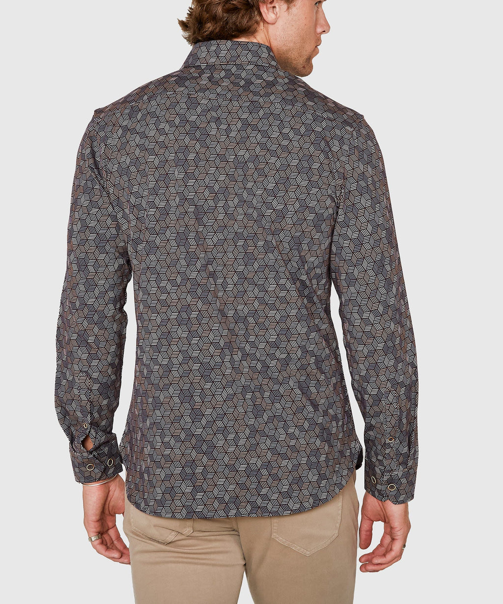 Long Sleeve Hex Print Knit Sport Shirt – Black