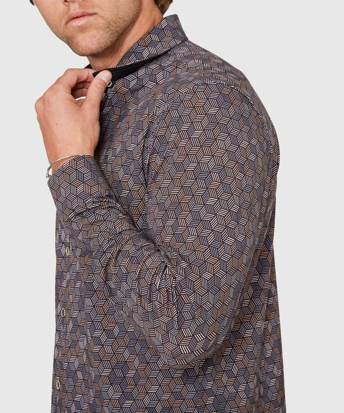Long Sleeve Hex Print Knit Sport Shirt – Black