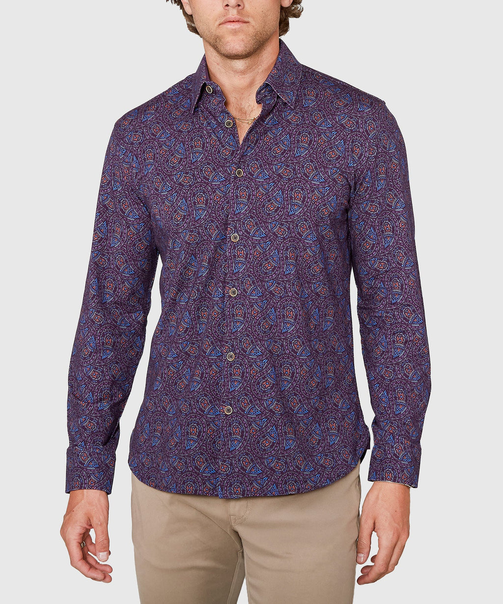 Long Sleeve Paisley Print Knit Sport Shirt – Plum