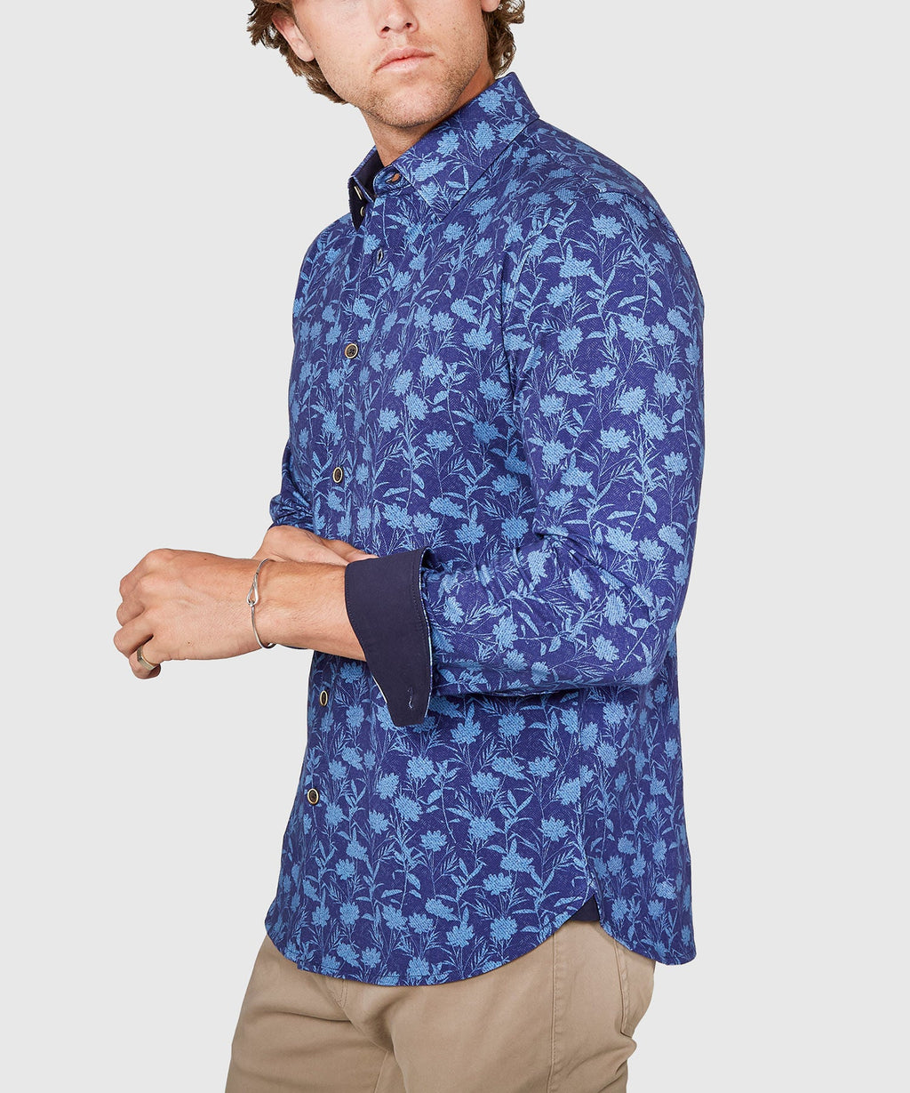 Long Sleeve Print Knit Sport Shirt – Indigo
