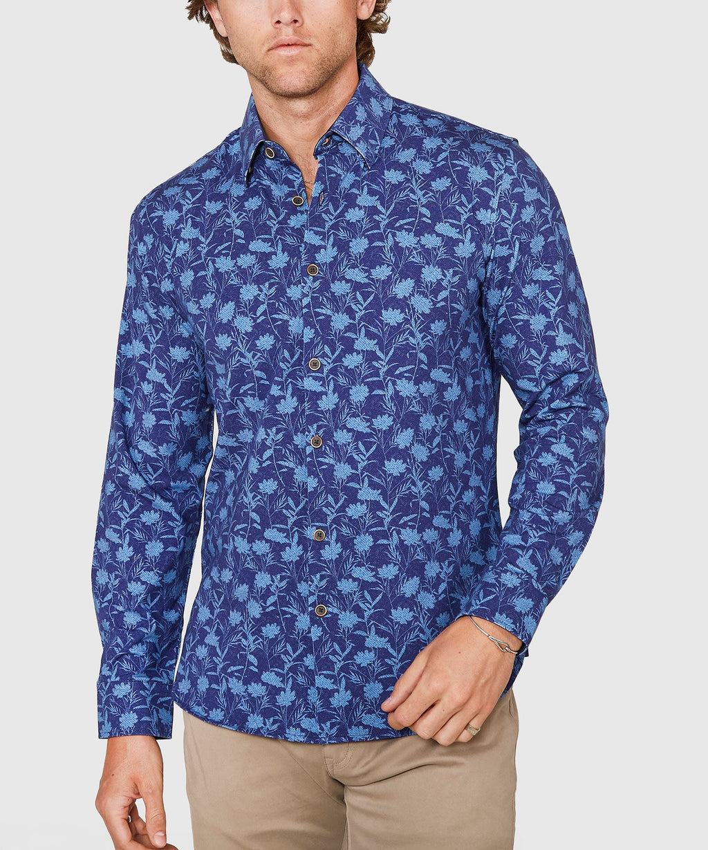 Long Sleeve Print Knit Sport Shirt – Indigo