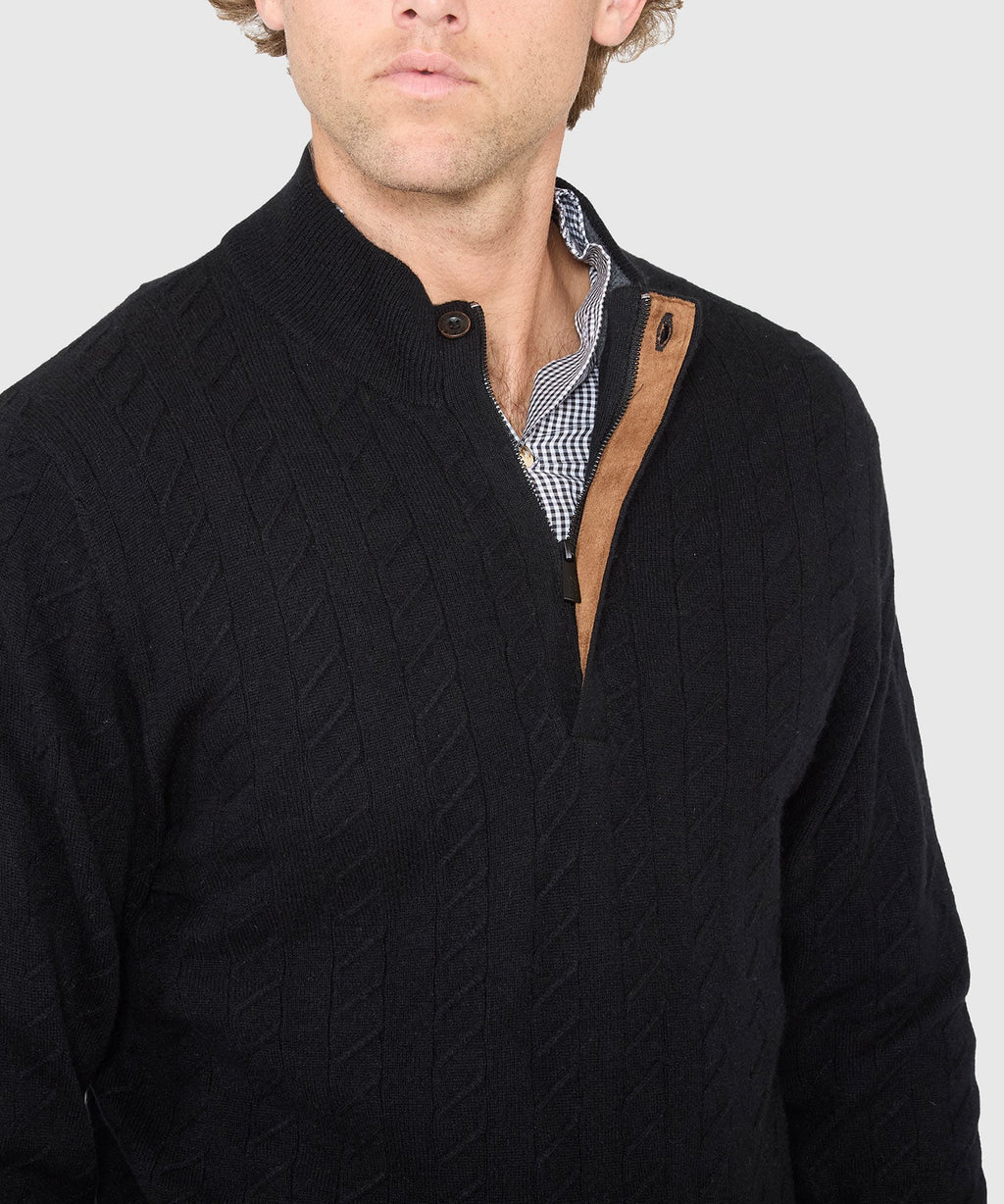 Long Sleeve Cable Knit Button Mock Pullover Sweater