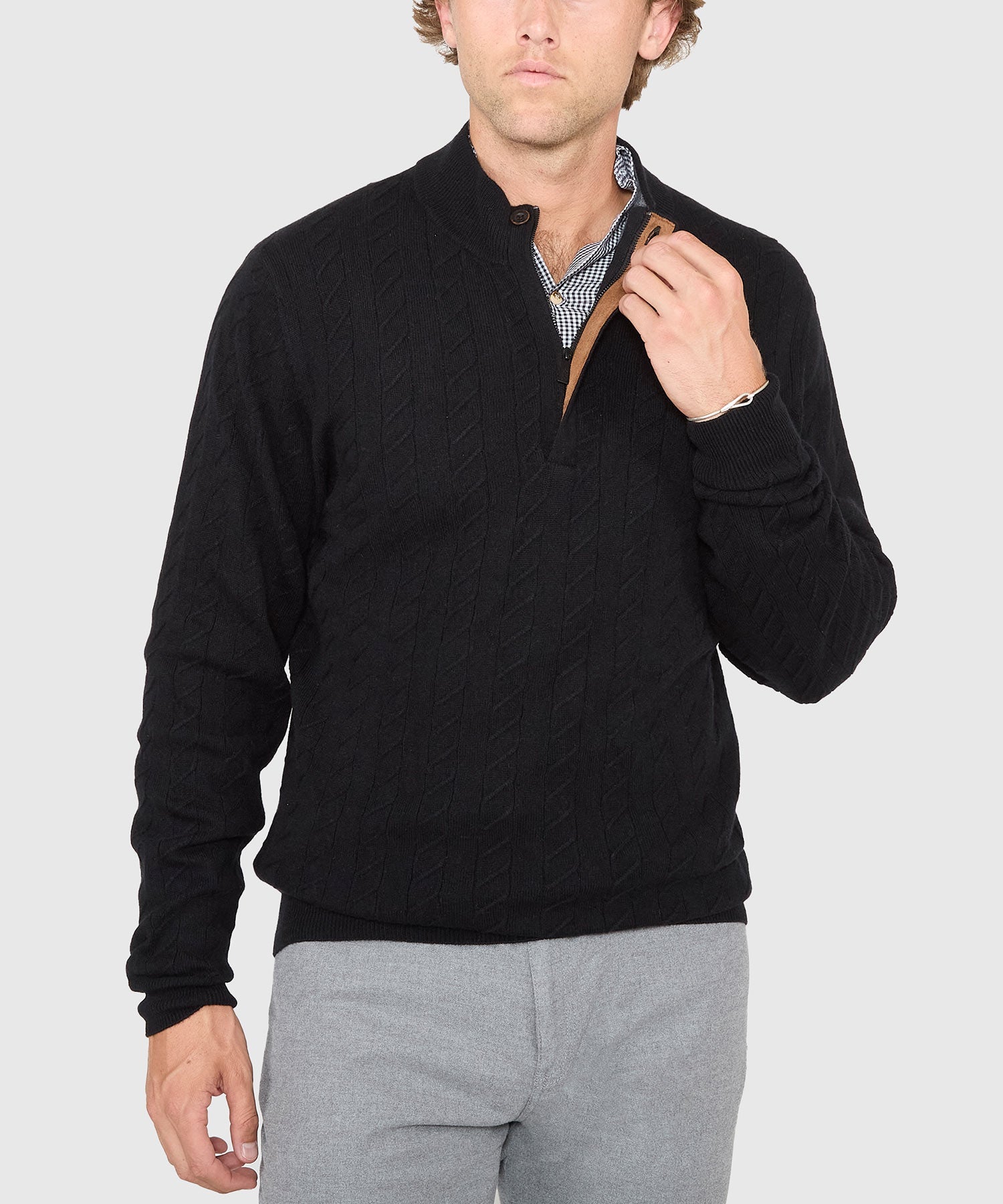 Long Sleeve Cable Knit Button Mock Pullover Sweater