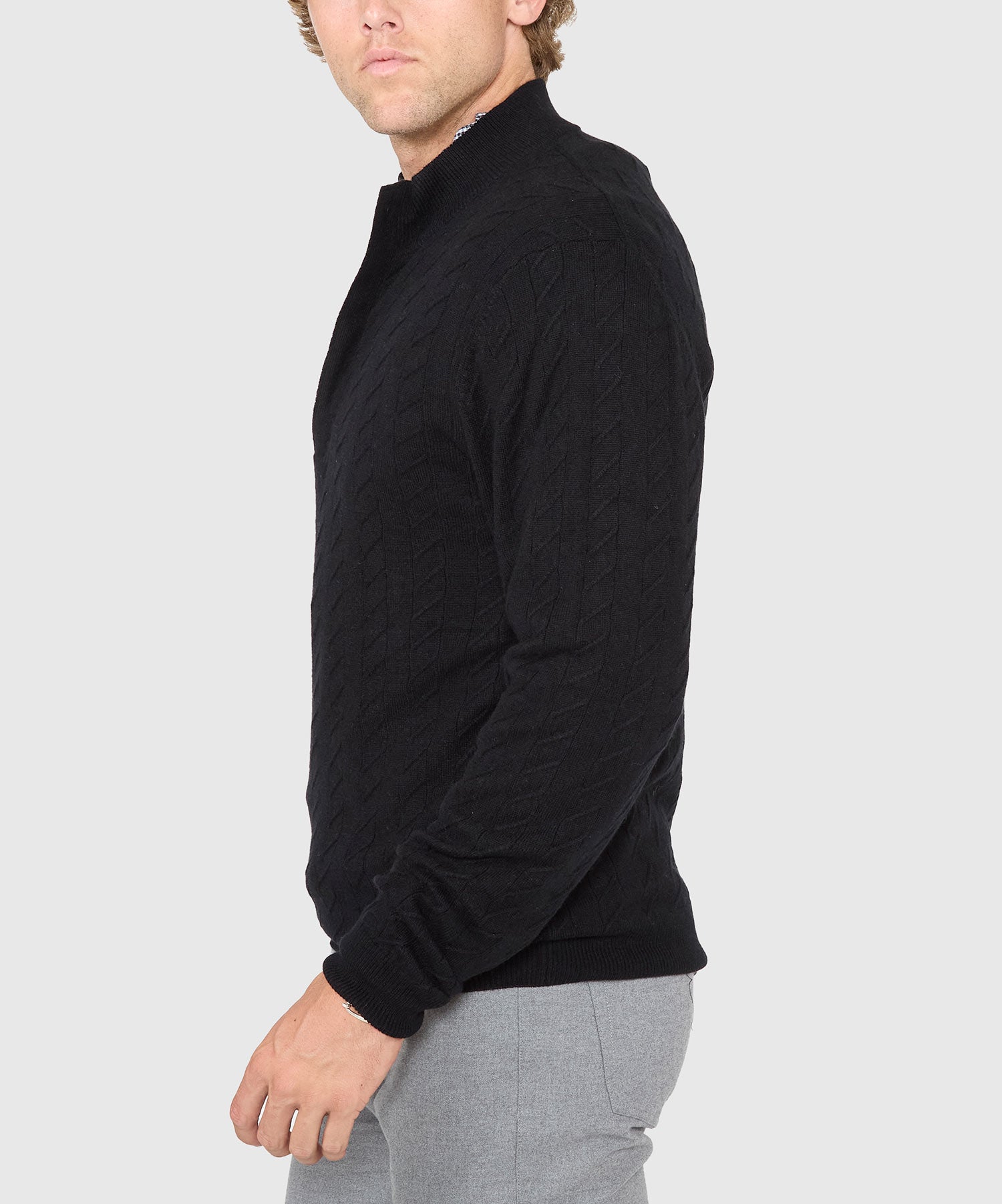 Long Sleeve Cable Knit Button Mock Pullover Sweater