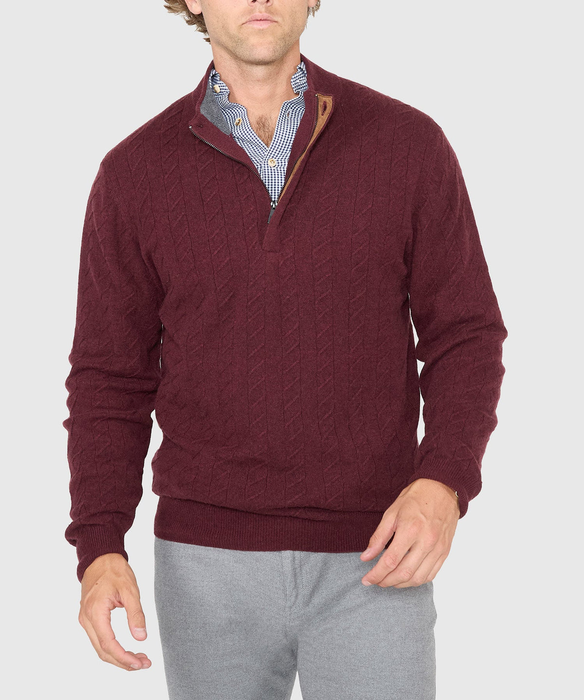 Long Sleeve Cable Knit Button Mock Pullover Sweater