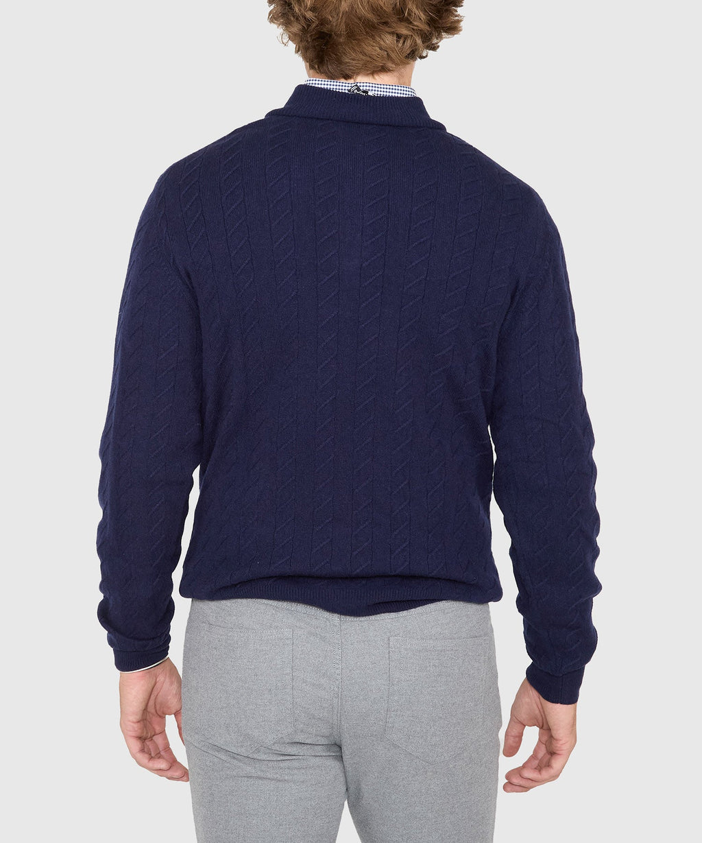 Long Sleeve Cable Knit Button Mock Pullover Sweater