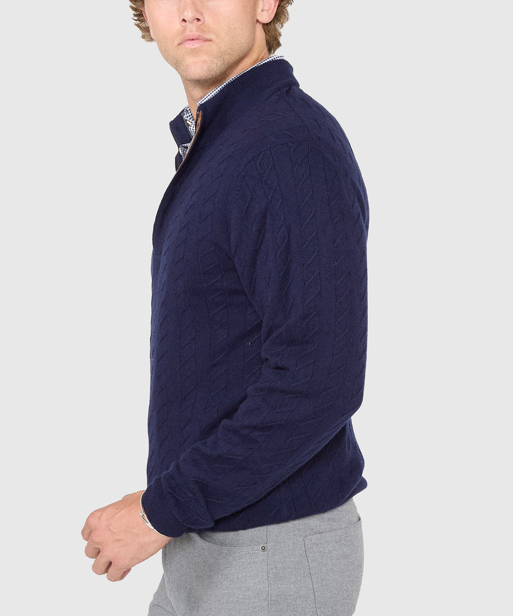 Long Sleeve Cable Knit Button Mock Pullover Sweater