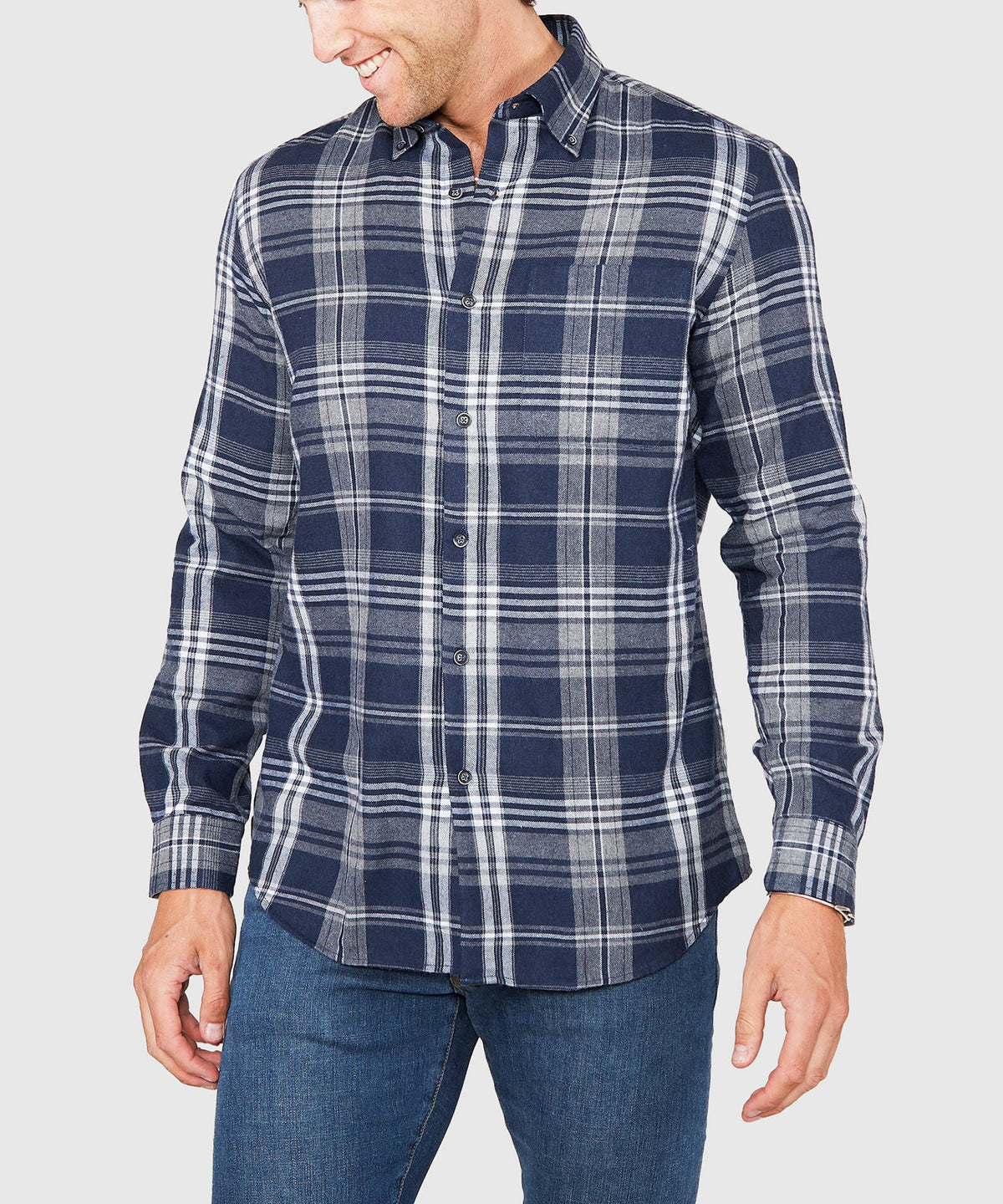 Long Sleeve Flannel Sport Shirt – Grey/Navy