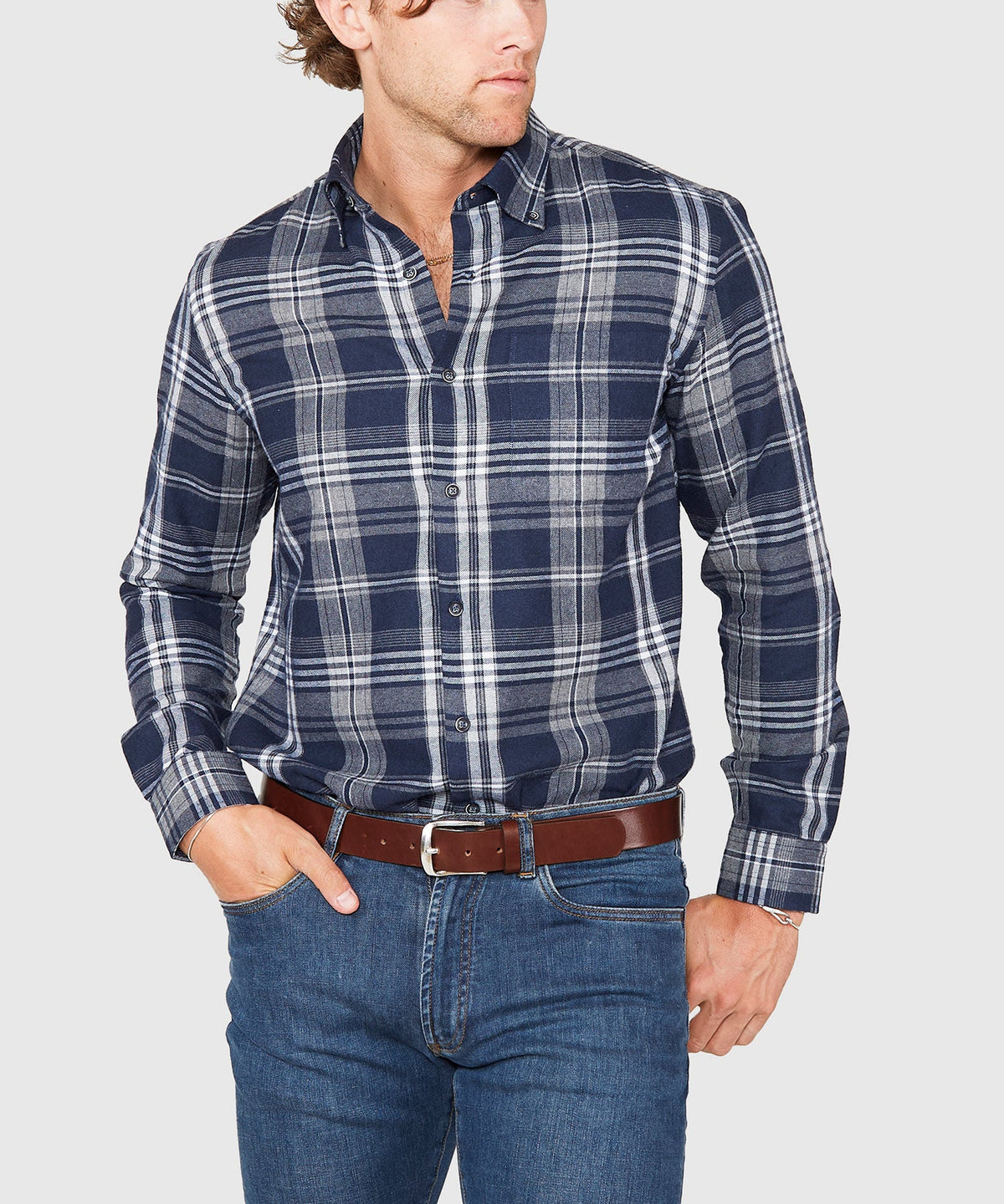 Long Sleeve Flannel Sport Shirt – Grey/Navy