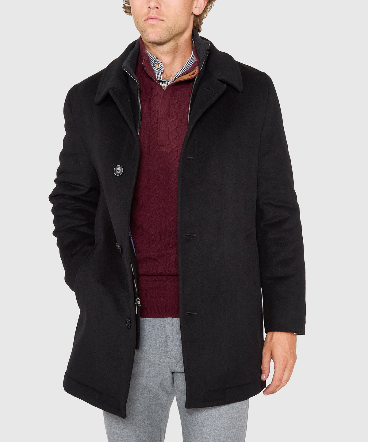 Wool Blend Three-Quarter Length Bibbed Coat