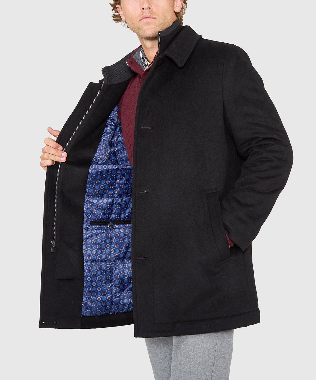 Wool Blend Three-Quarter Length Bibbed Coat