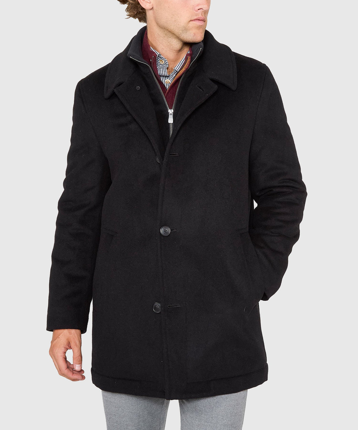 Wool Blend Three-Quarter Length Bibbed Coat