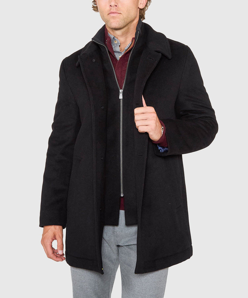 Wool Blend Three-Quarter Length Bibbed Coat