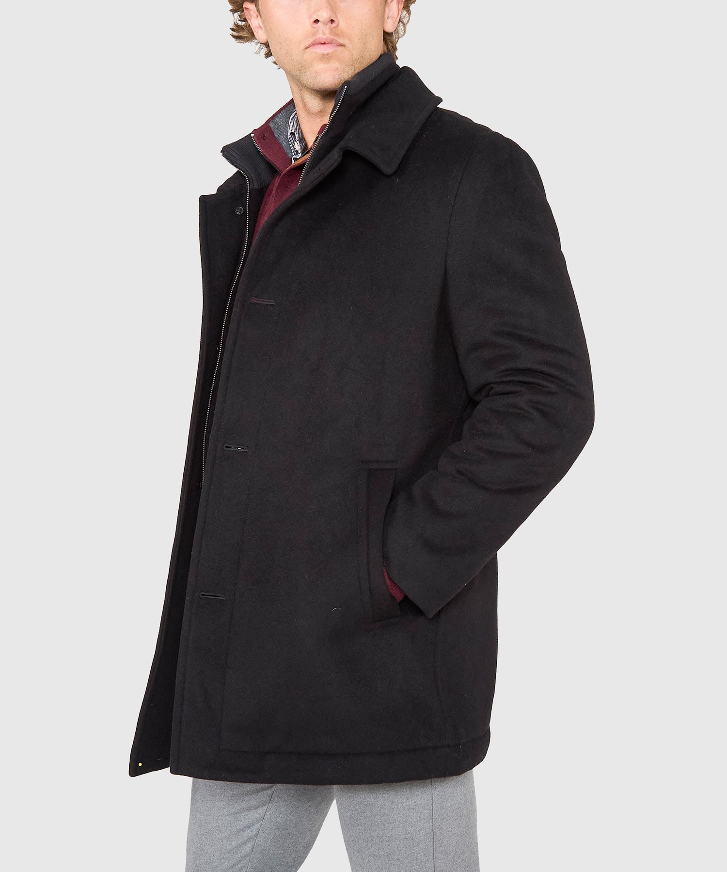 Wool Blend Three-Quarter Length Bibbed Coat