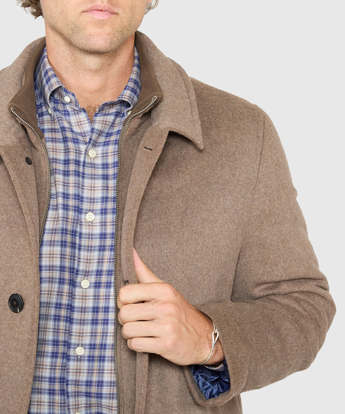 Wool Blend Three-Quarter Length Bibbed Coat