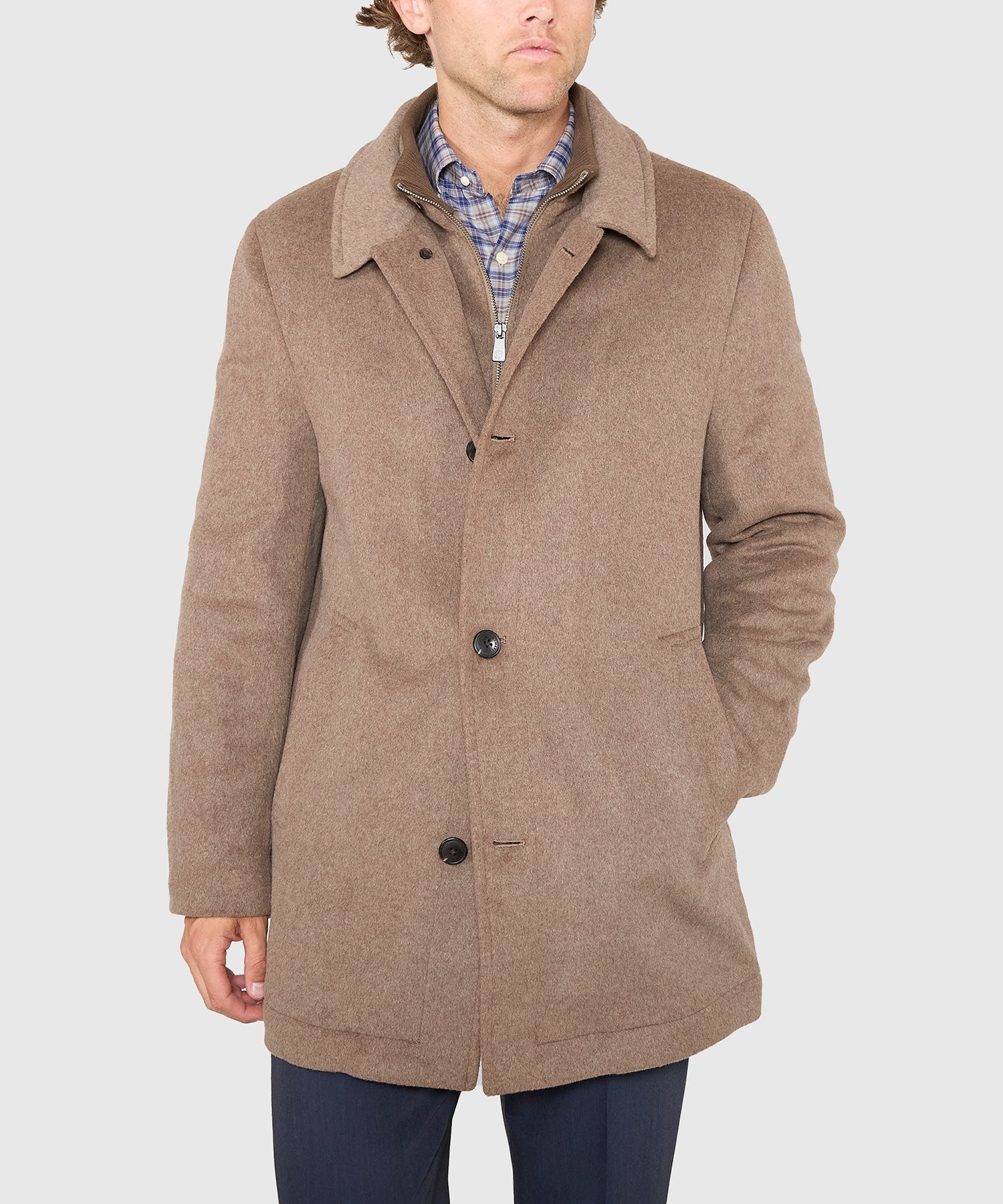 Wool Blend Three-Quarter Length Bibbed Coat