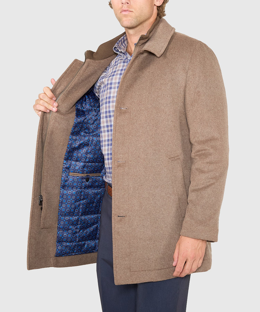 Wool Blend Three-Quarter Length Bibbed Coat