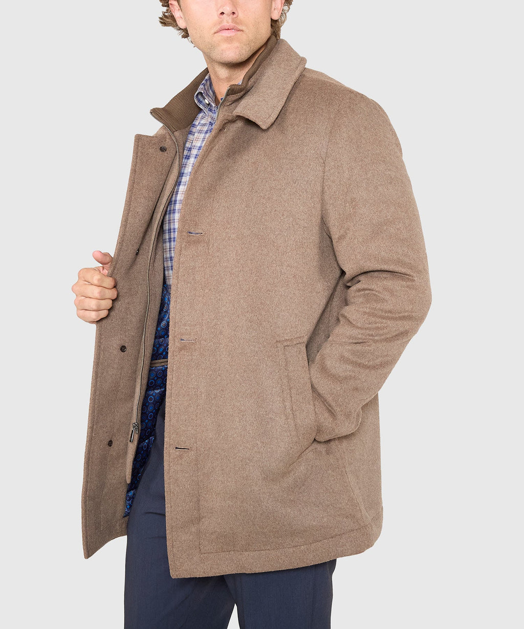 Wool Blend Three-Quarter Length Bibbed Coat