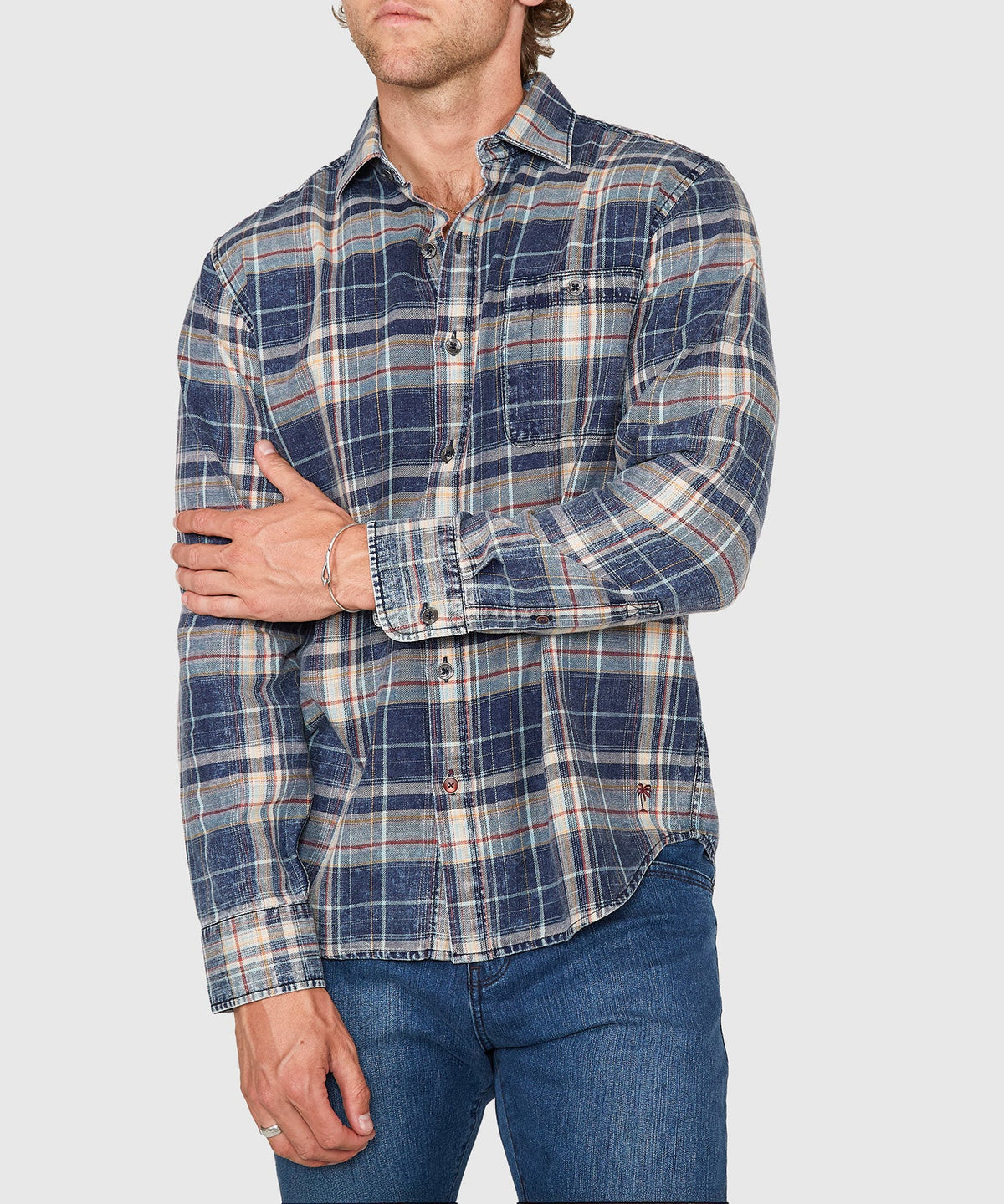 Long Sleeve Washed Cotton Plaid Sport Shirt