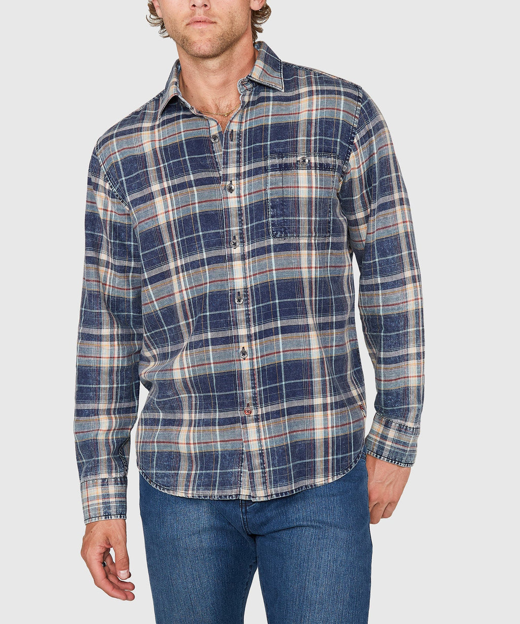 Long Sleeve Washed Cotton Plaid Sport Shirt