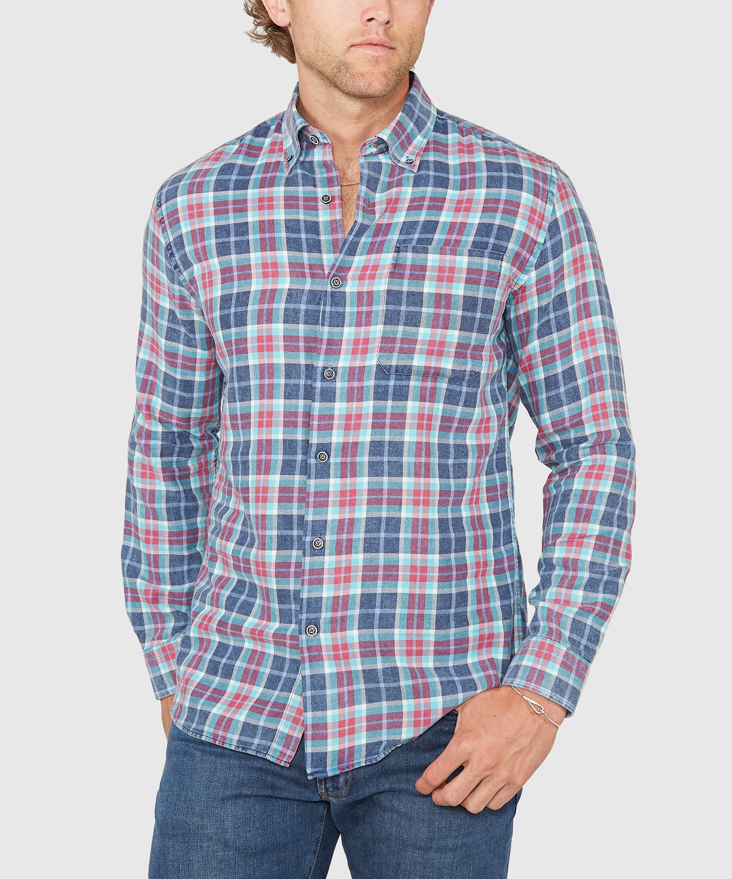 Long Sleeve Plaid Sport Shirt – Blue/Red