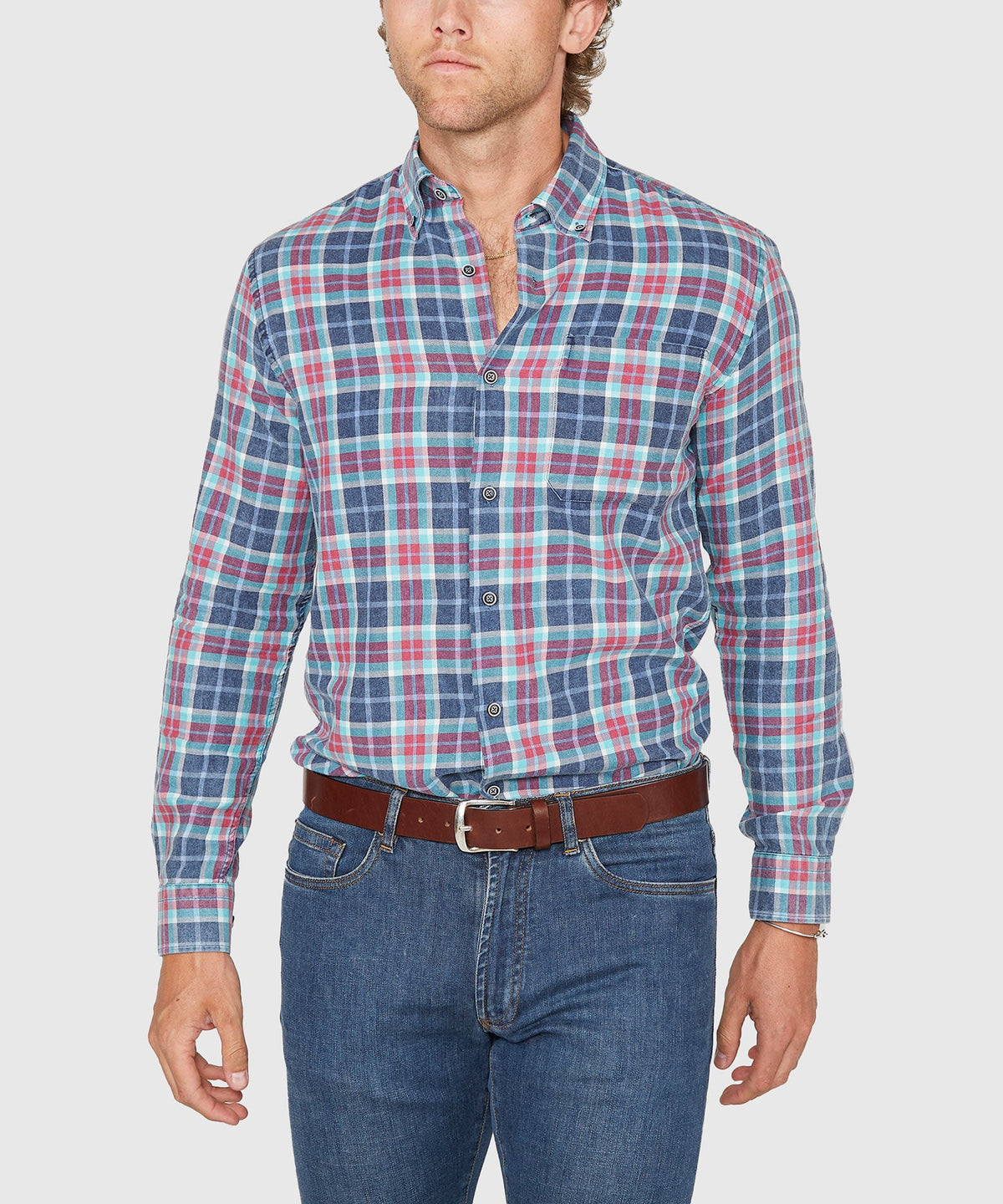 Long Sleeve Plaid Sport Shirt – Blue/Red