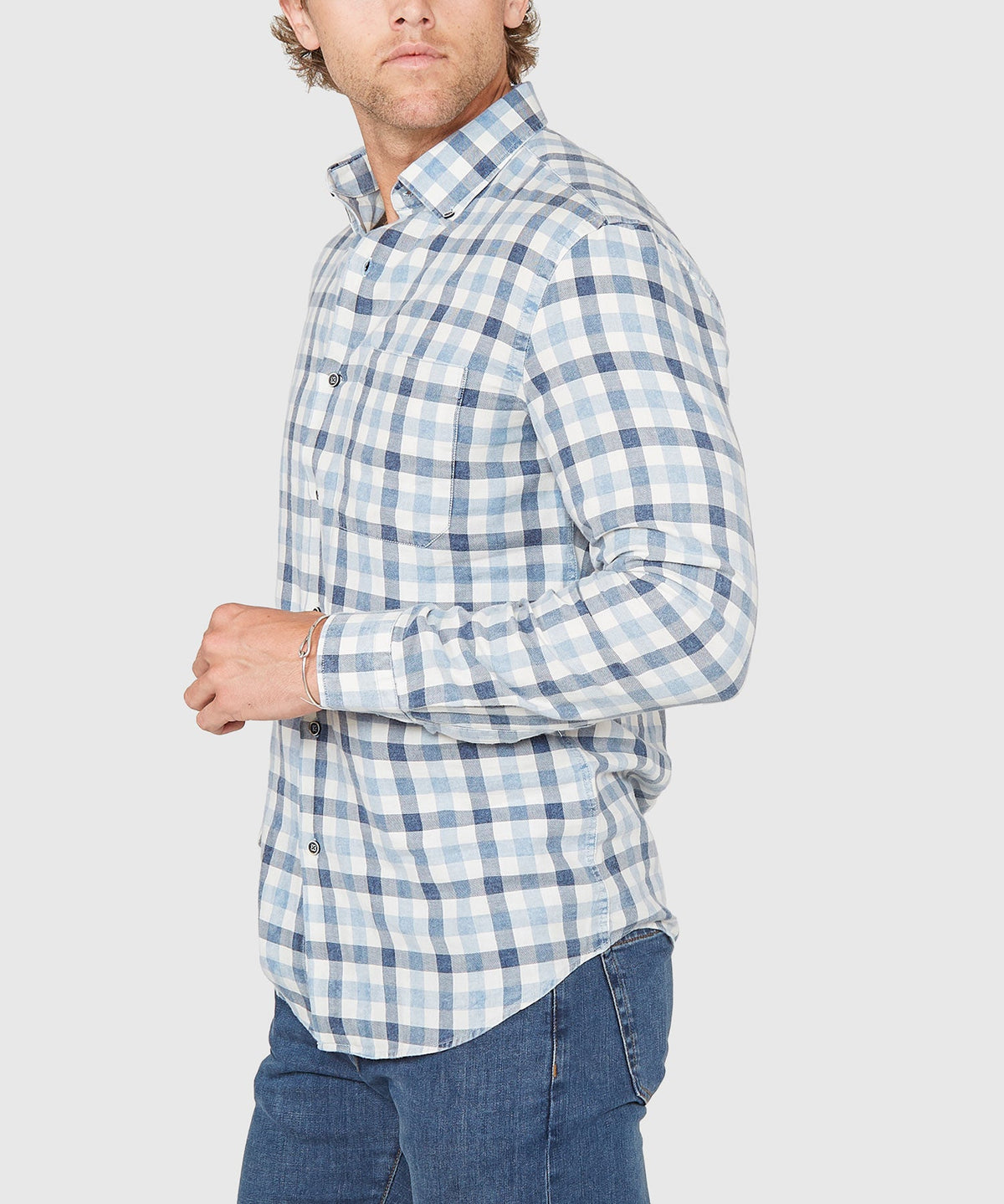 Long Sleeve Plaid Sport Shirt – White/Blue