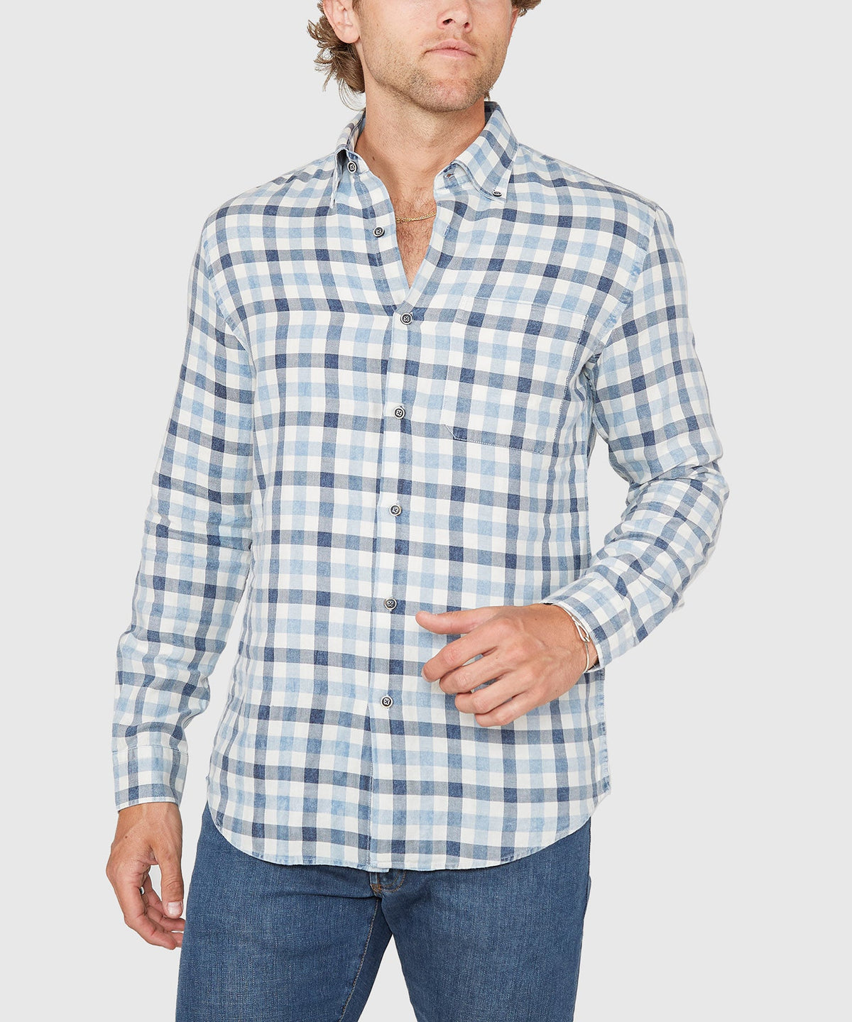 Long Sleeve Plaid Sport Shirt – White/Blue