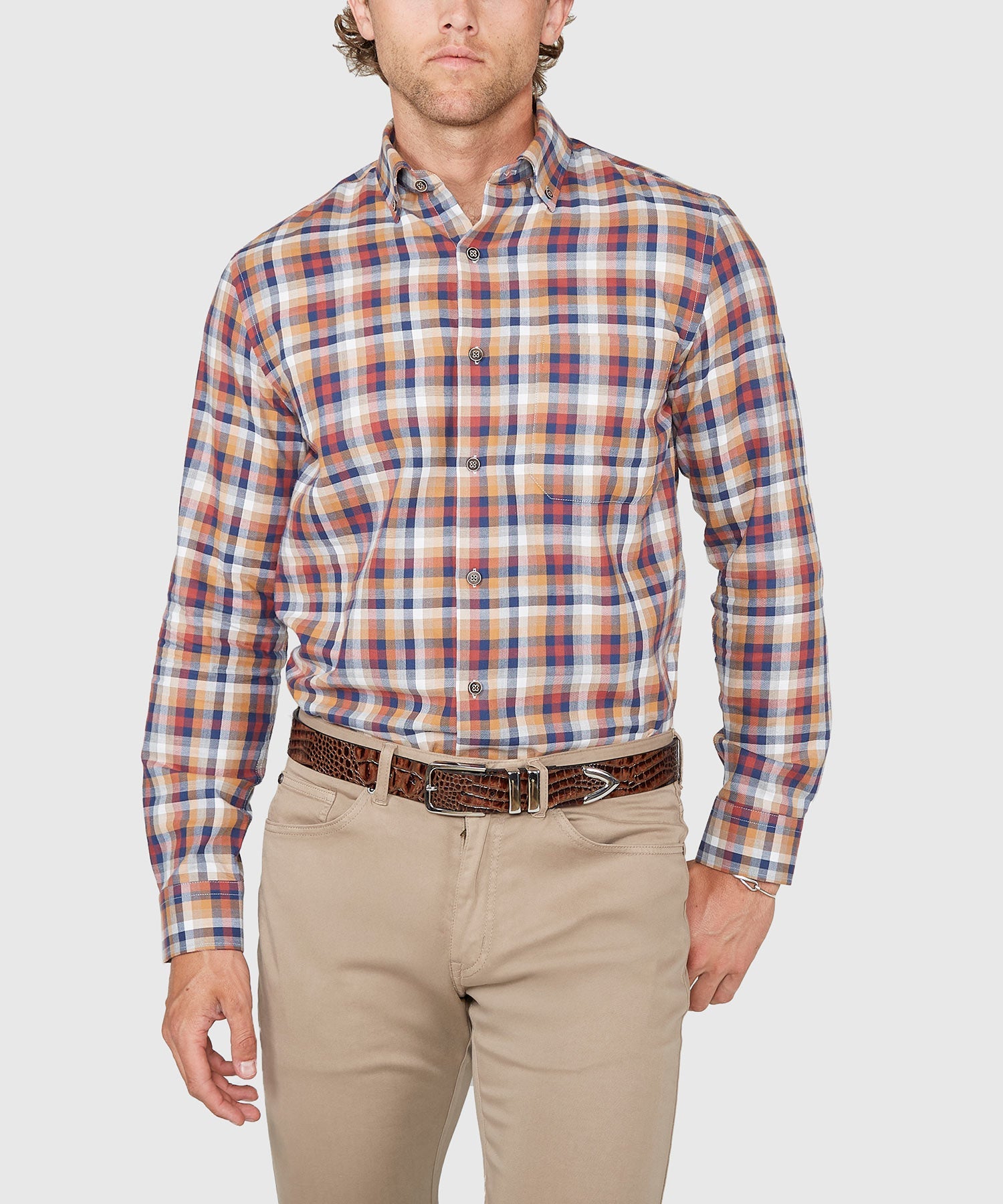 Long Sleeve Plaid Button Down Collar Cotton Sport Shirt – Navy