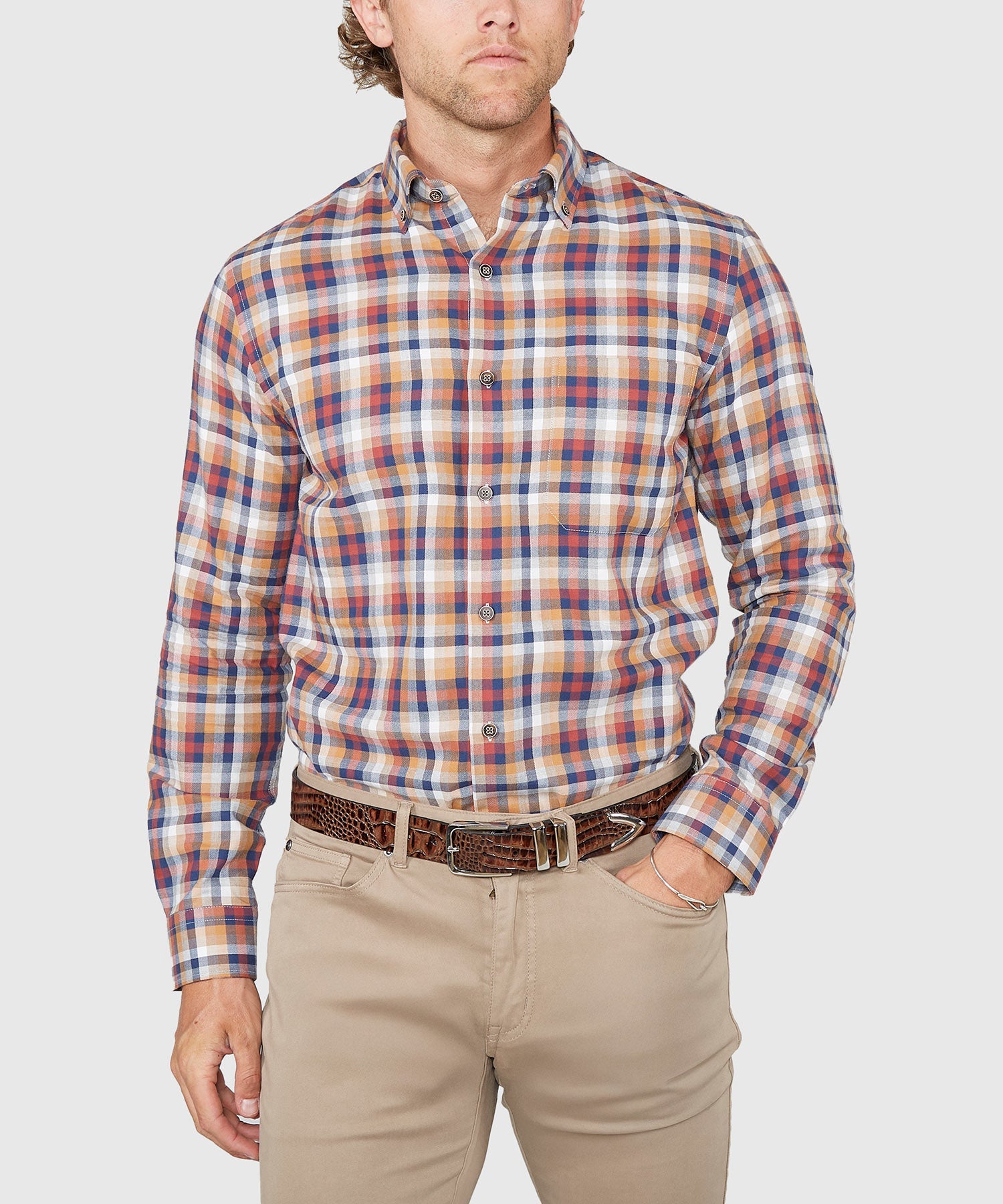 Long Sleeve Plaid Button Down Collar Cotton Sport Shirt – Navy