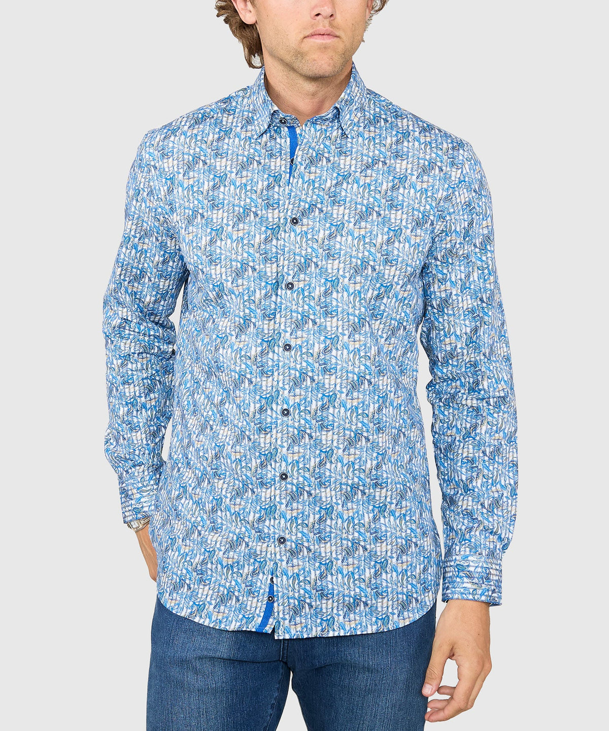 Long Sleeve Hidden Button Down Printed Sport Shirt – Multi