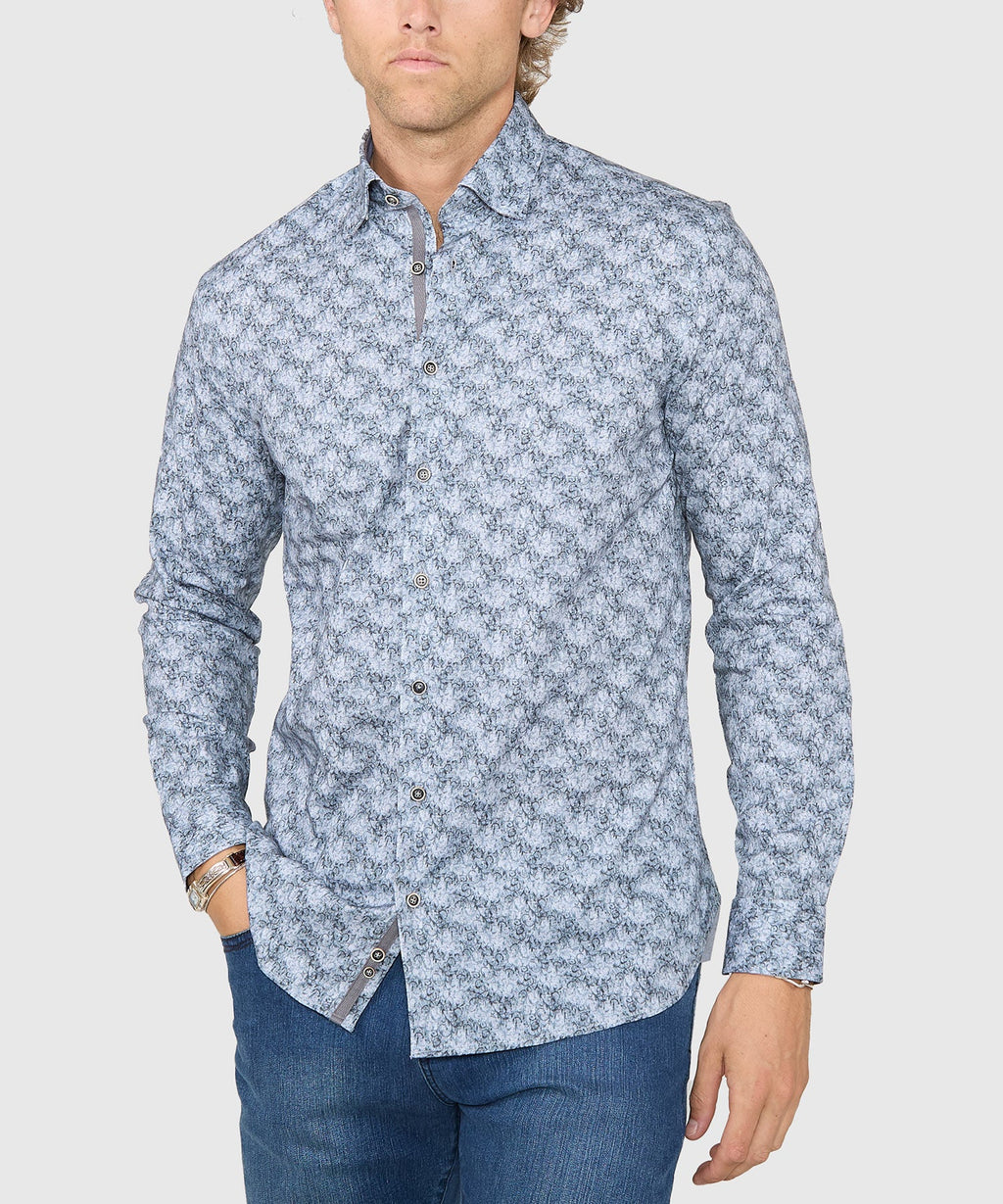 Long Sleeve Hidden Button Down Printed Sport Shirt – Grey
