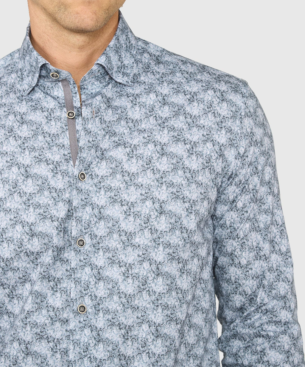 Long Sleeve Hidden Button Down Printed Sport Shirt – Grey