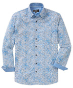 Long Sleeve Hidden Button Down Printed Sport Shirt – Blue/Tan