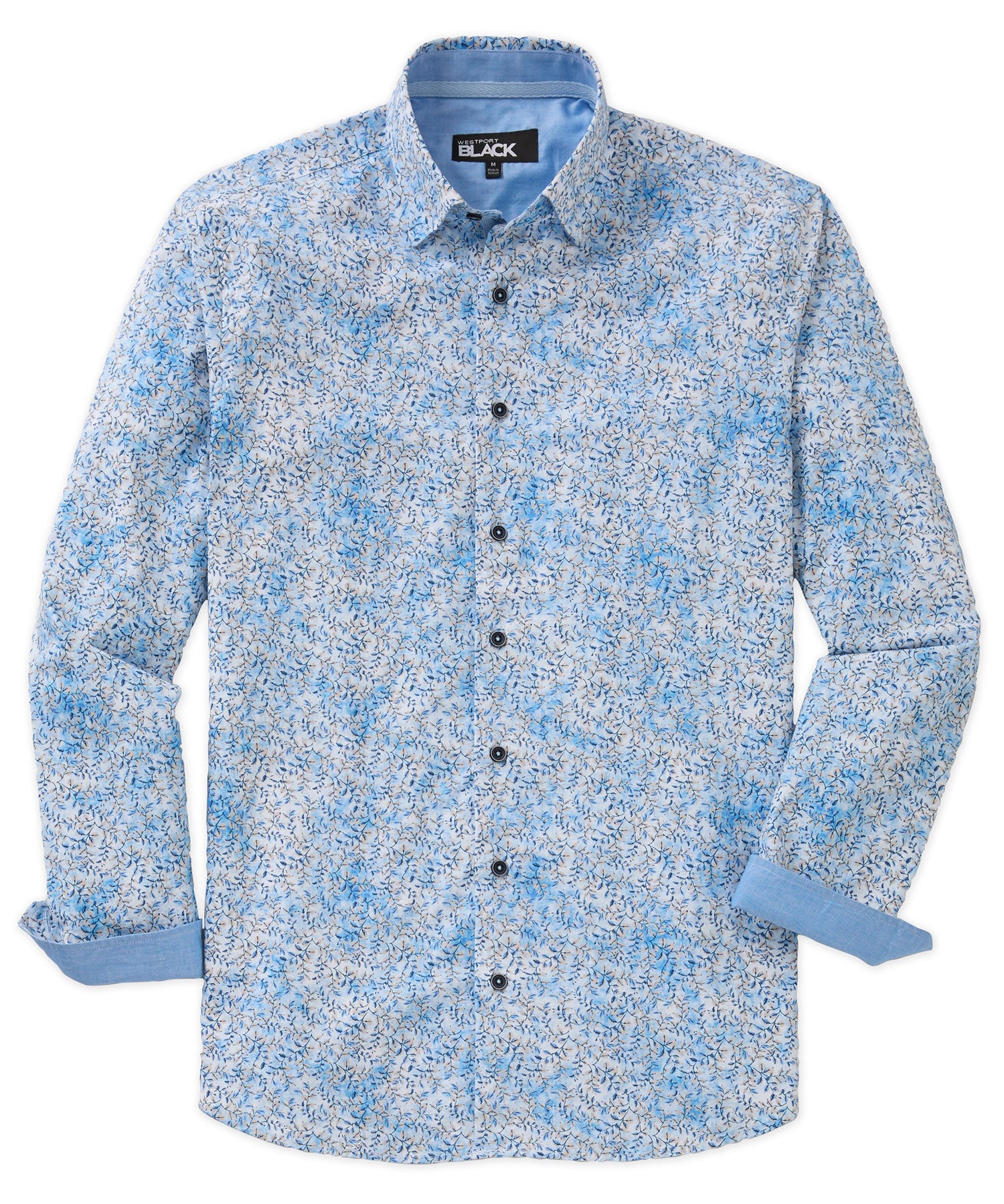 Long Sleeve Hidden Button Down Printed Sport Shirt – Blue/Tan