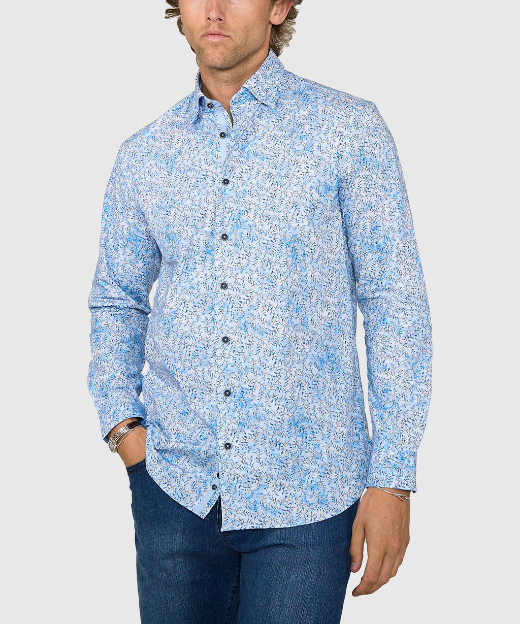 Long Sleeve Hidden Button Down Printed Sport Shirt – Blue/Tan