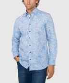 Long Sleeve Hidden Button Down Printed Sport Shirt – Blue/Tan