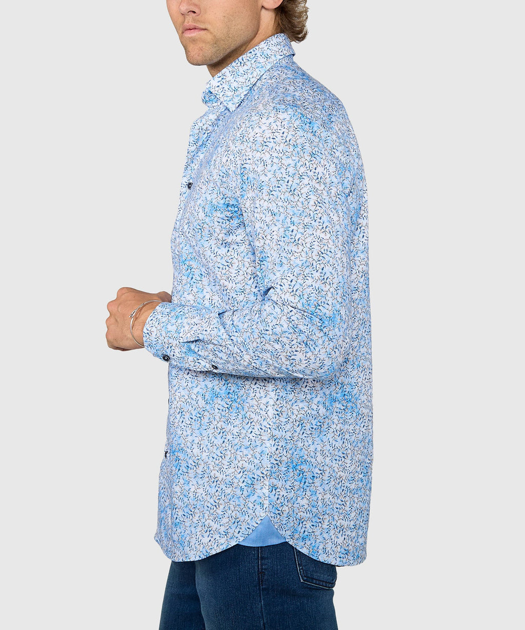 Long Sleeve Hidden Button Down Printed Sport Shirt – Blue/Tan