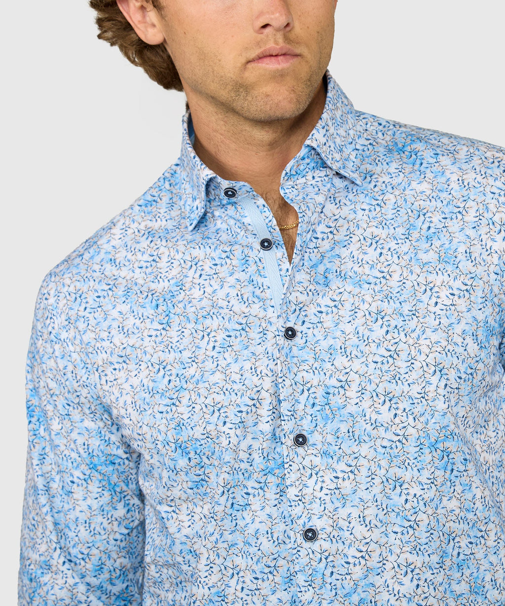 Long Sleeve Hidden Button Down Printed Sport Shirt – Blue/Tan