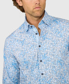Long Sleeve Hidden Button Down Printed Sport Shirt – Blue/Tan