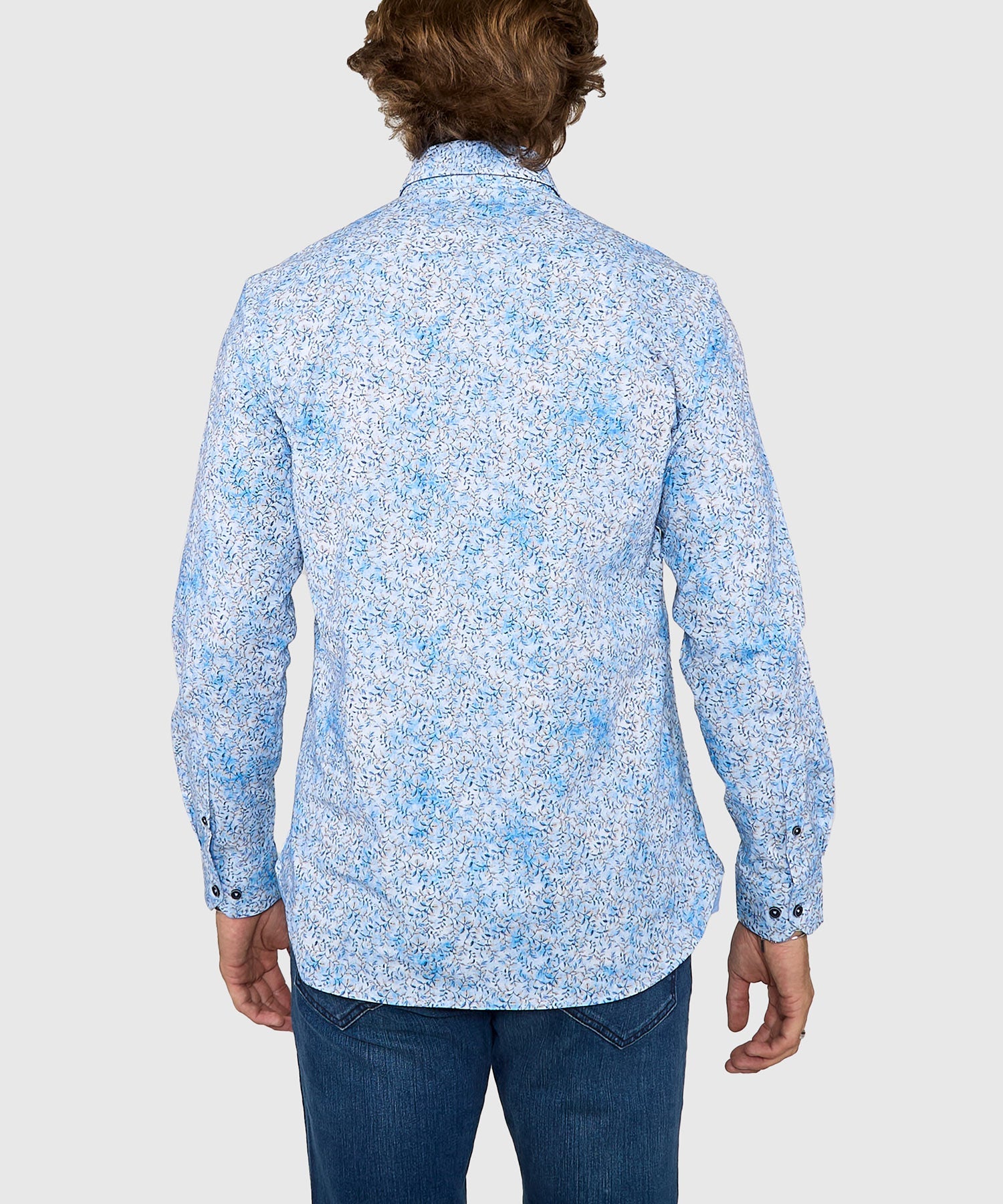 Long Sleeve Hidden Button Down Printed Sport Shirt – Blue/Tan