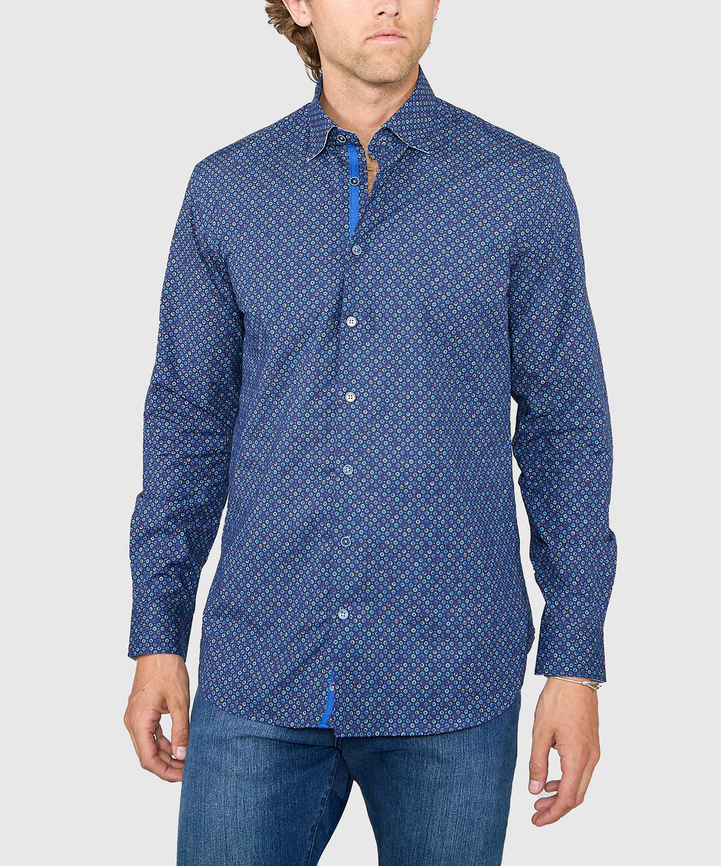 Long Sleeve Hidden Button Down Printed Sport Shirt – Navy Multi