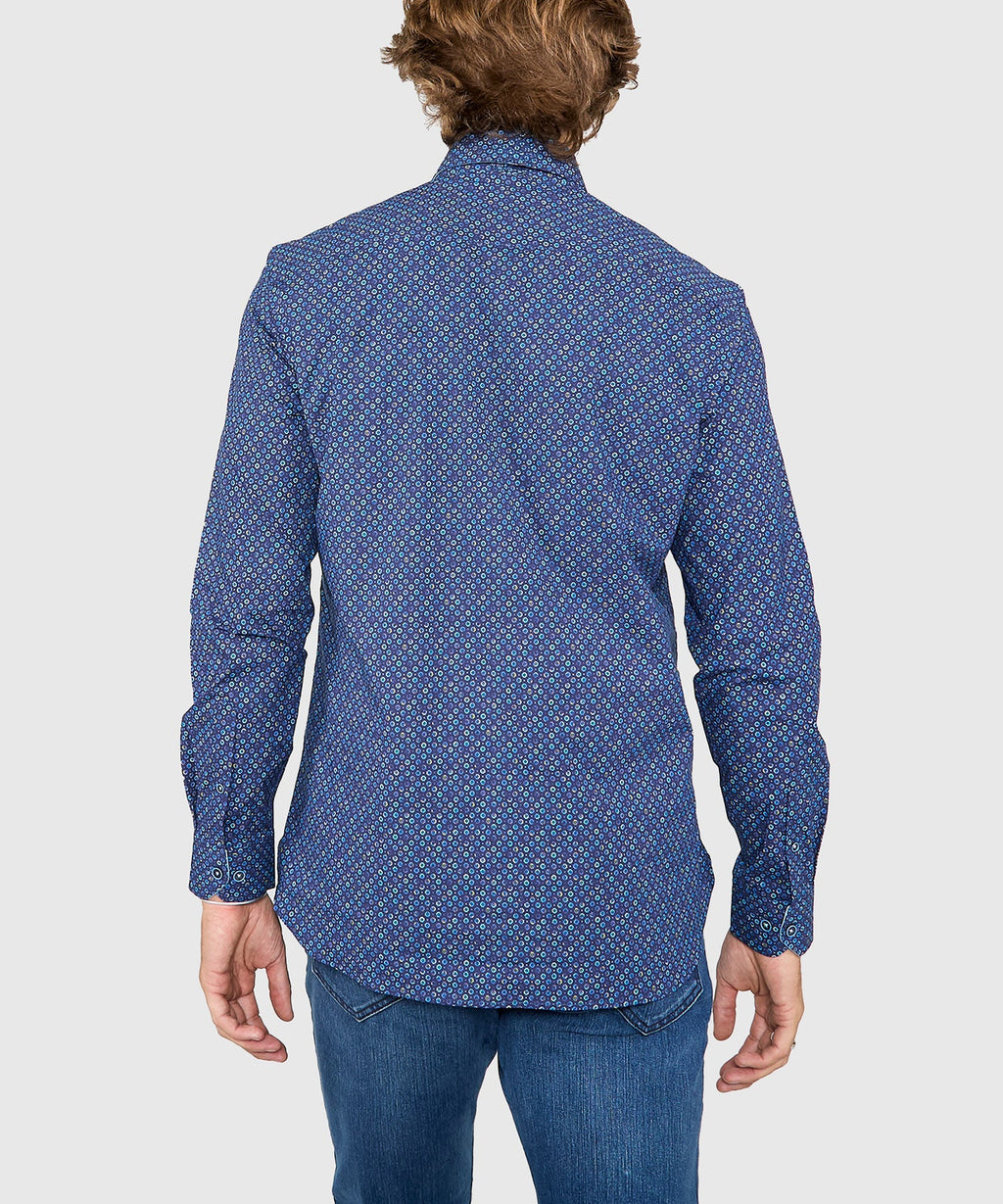 Long Sleeve Hidden Button Down Printed Sport Shirt – Navy Multi