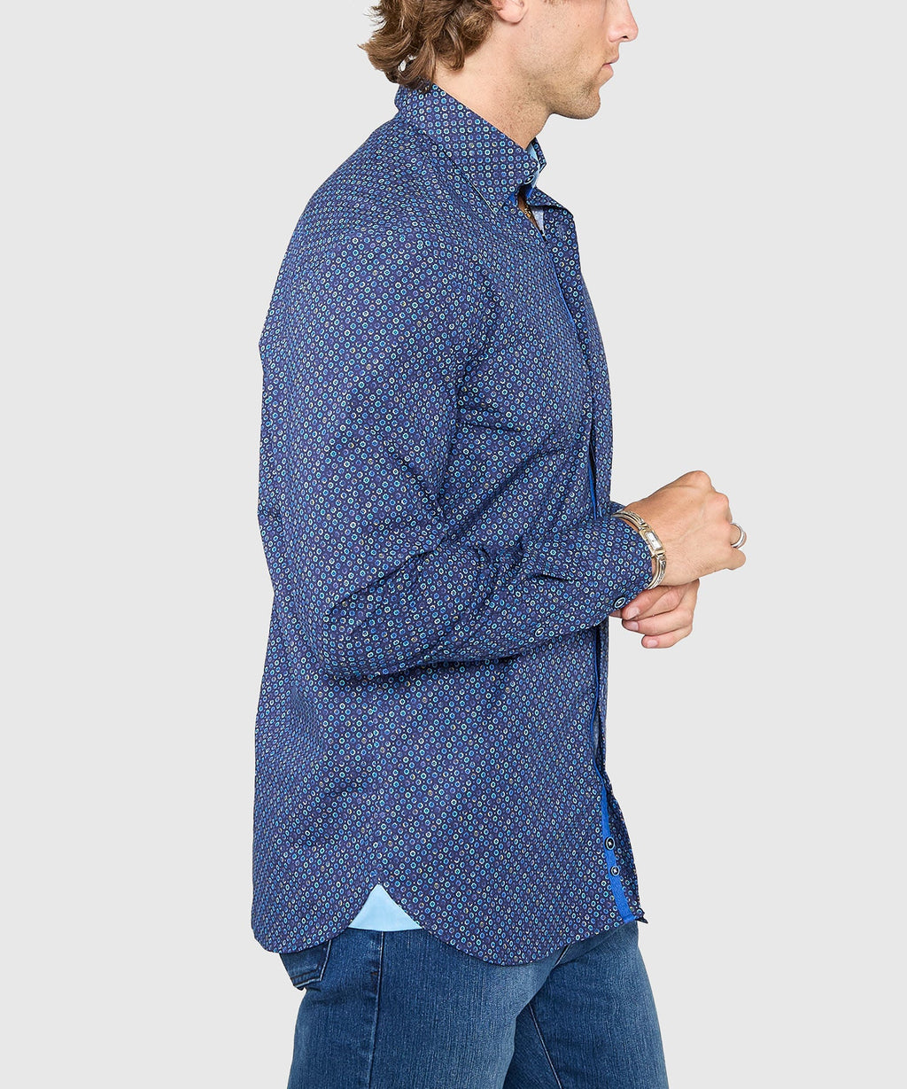 Long Sleeve Hidden Button Down Printed Sport Shirt – Navy Multi