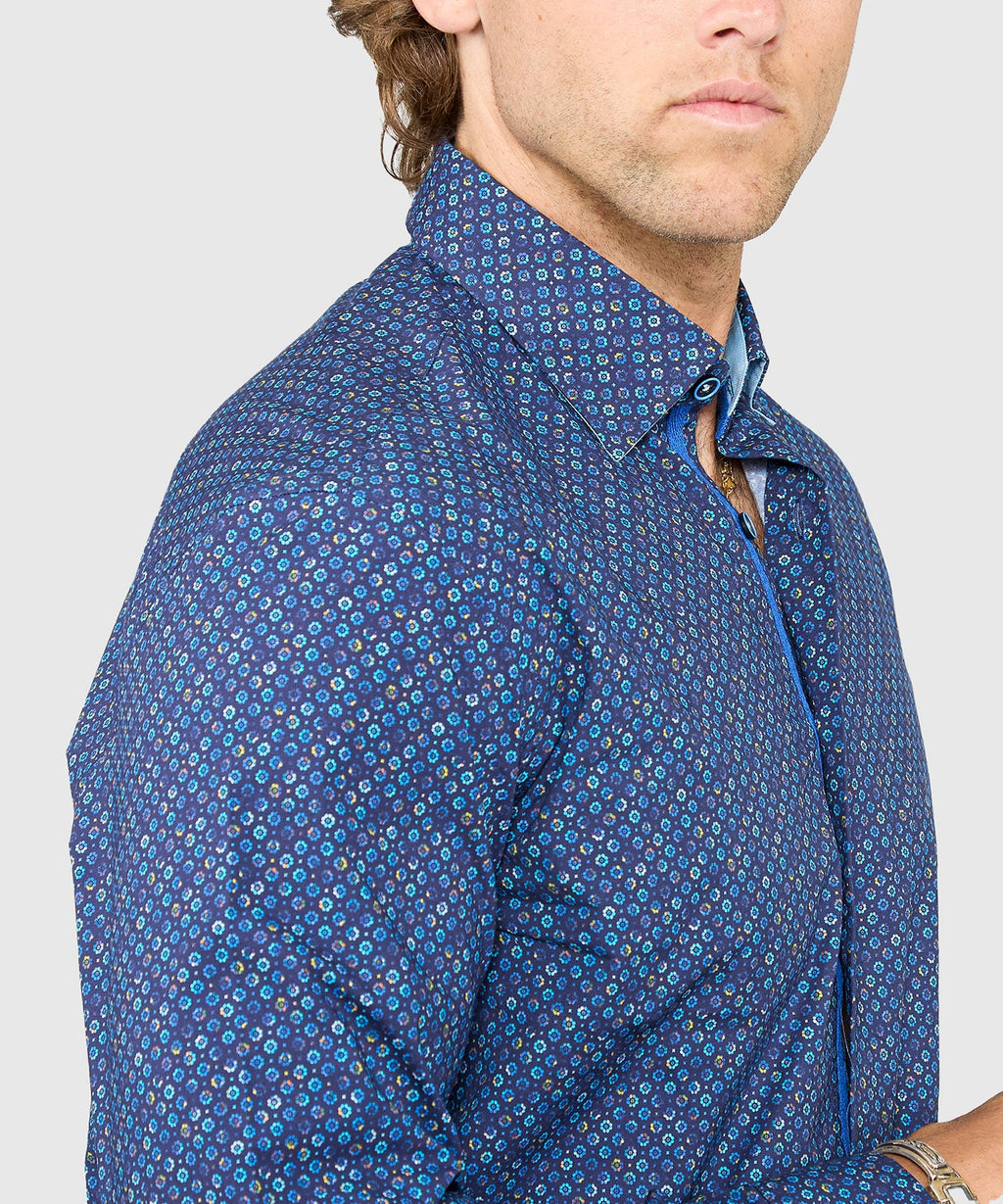Long Sleeve Hidden Button Down Printed Sport Shirt – Navy Multi