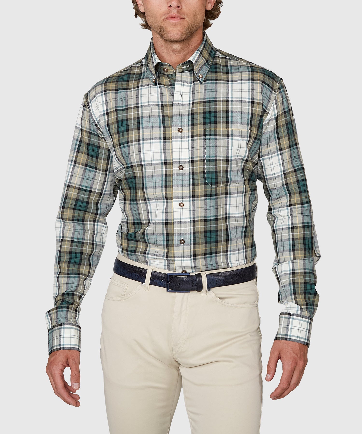 Long Sleeve Cotton Wool Plaid Sport Shirt – Sage