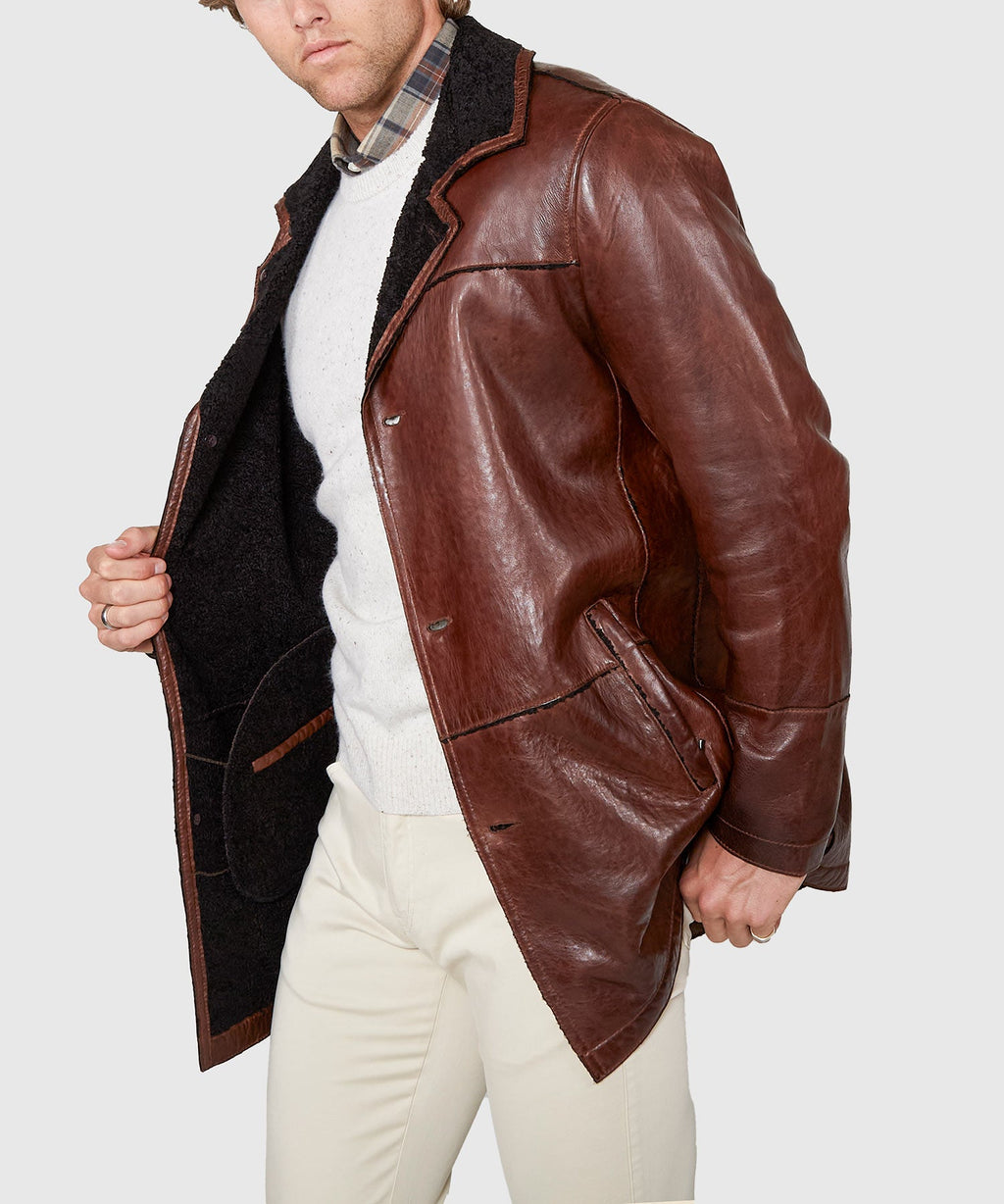 Mid-Length Lambskin Leather Jacket – Walnut