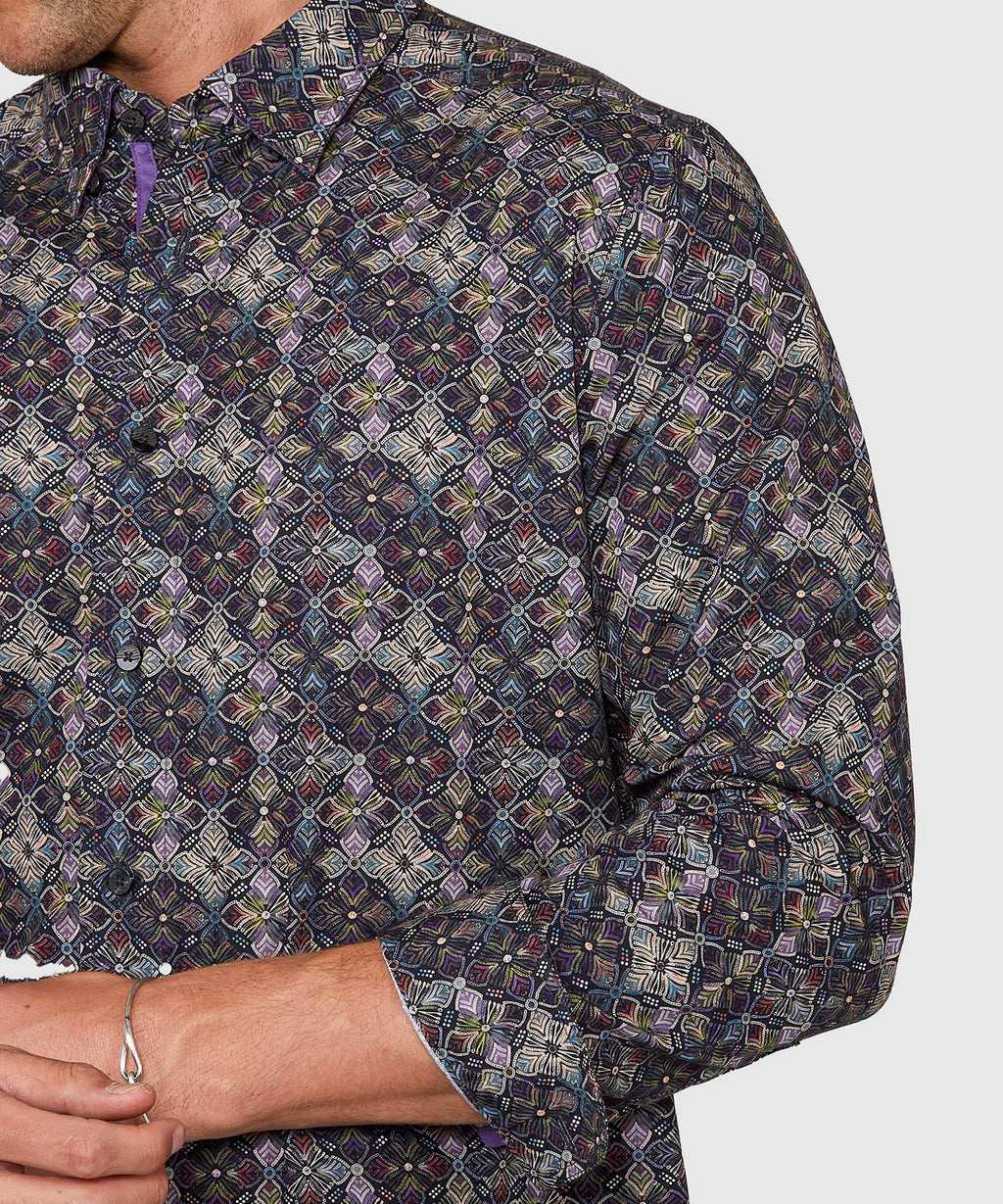 Long Sleeve Medallion Print Cotton Sport Shirt – Multi
