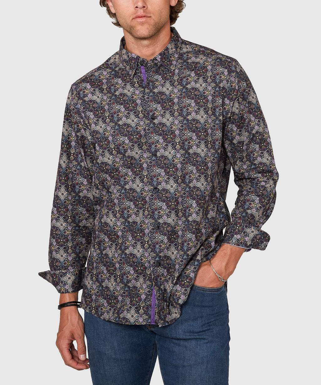 Long Sleeve Medallion Print Cotton Sport Shirt – Multi