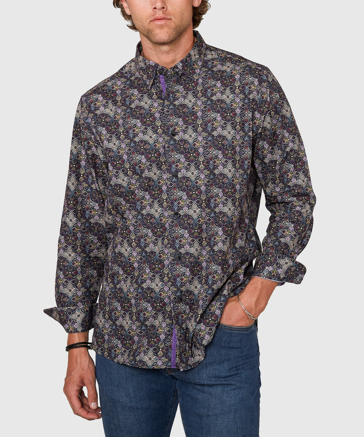 Long Sleeve Medallion Print Cotton Sport Shirt – Multi